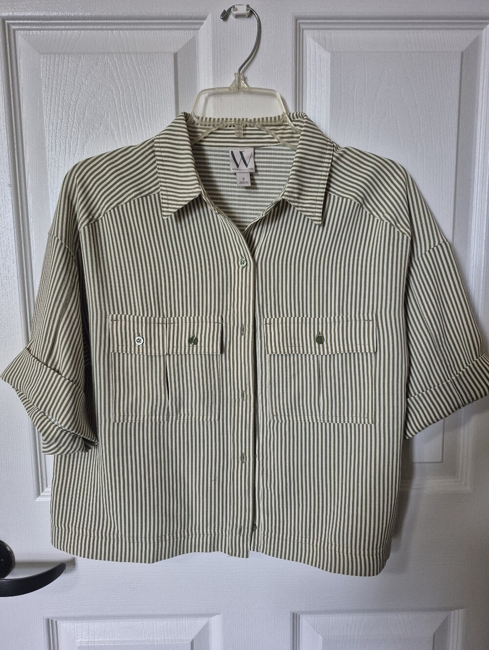 W by Worth Olive Stripe Button-Front Camp Shirt